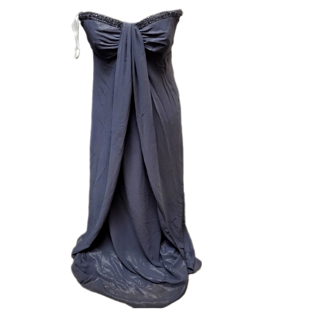 NWOT DAVIDS BRIDAL GOWN STRAPLESS FLOWING GOWN BLING BRA DARK GREY SZ 8